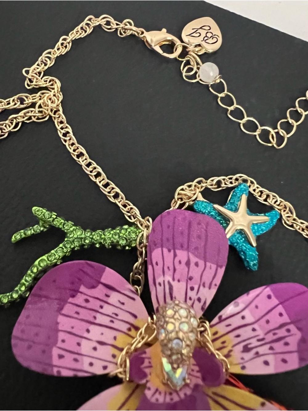Betsey Johnson Purple, Pink & Orange Lobster Flower Pendant Necklace - Picture 8 of 16